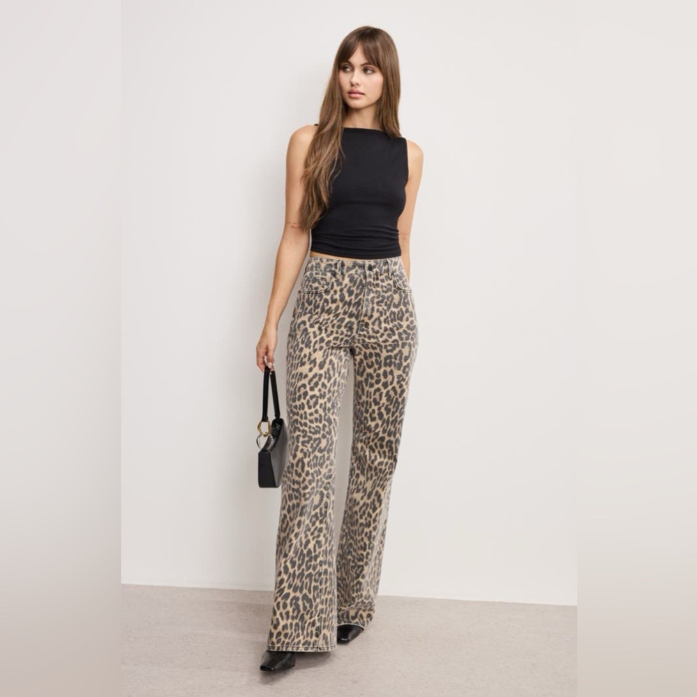 Good American Leopard Print Wide Leg Pants - Beige Black